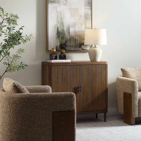 Uttermost Uttermost Pinstripe Tambour 2 Door Cabinet In Light Walnut Mango Wood With Matte Black Pulls & Legs 50256