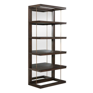 Uttermost Kai Dark Walnut Etagere With Gold Accents - 5 Open Shelves & Mirrored Back For Elegance Brass,Woodtone Oak Wood,Mdf,Mirror,Iron 50229