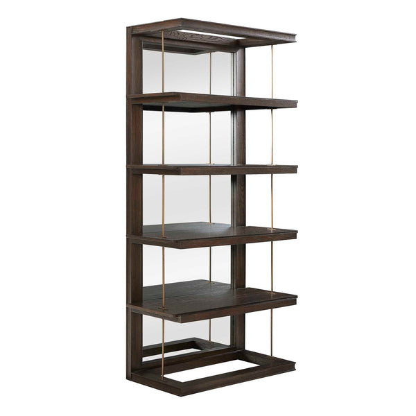 Uttermost Kai Dark Walnut Etagere With Gold Accents - 5 Open Shelves & Mirrored Back For Elegance Brass,Woodtone Oak Wood,Mdf,Mirror,Iron 50229
