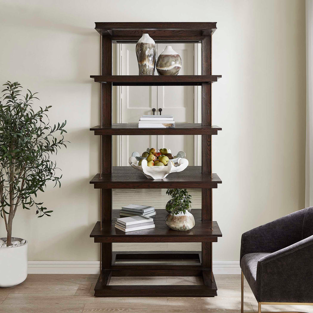 Uttermost Kai Dark Walnut Etagere With Gold Accents - 5 Open Shelves & Mirrored Back For Elegance Brass,Woodtone Oak Wood,Mdf,Mirror,Iron 50229