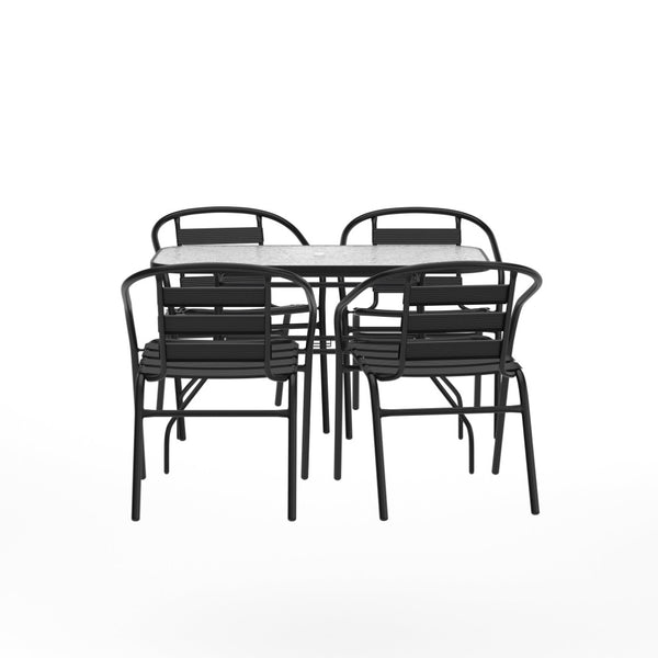 English Elm Lila 5-Piece Durable Outdoor Dining Set with 47" Glass Table, Umbrella Hole & Ergonomic Chairs FV-120B-017CBK-GG