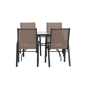 English Elm Brazos 5-Piece Commercial-Grade Patio Dining Set with Stylish Tempered Glass Table and Chairs Brown FV-120B-303CB-GG