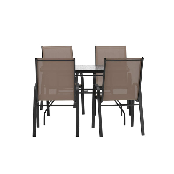 English Elm Brazos 5-Piece Commercial-Grade Patio Dining Set with Stylish Tempered Glass Table and Chairs Brown FV-120B-303CB-GG