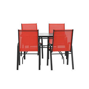English Elm Brazos 5-Piece Commercial-Grade Patio Dining Set with Stylish Tempered Glass Table and Chairs Red FV-120B-303CRD-GG