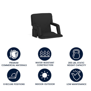 English Elm Malta Portable Lightweight Reclining Stadium Chair with Padded Comfort, Adjustable Straps & Storage Black FV-FA090-BK-GG