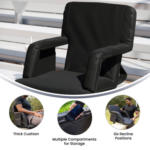 English Elm Malta Portable Lightweight Reclining Stadium Chair with Padded Comfort, Adjustable Straps & Storage Black FV-FA090-BK-GG