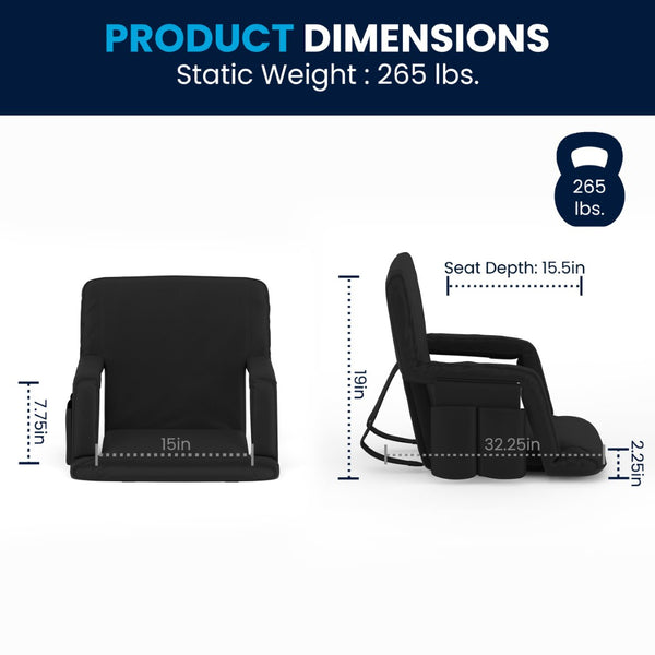 English Elm Malta Portable Lightweight Reclining Stadium Chair with Padded Comfort, Adjustable Straps & Storage Black FV-FA090-BK-GG