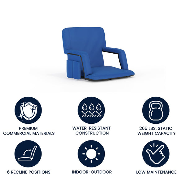 English Elm Malta Portable Lightweight Reclining Stadium Chair with Padded Comfort, Adjustable Straps & Storage Blue FV-FA090-BL-GG