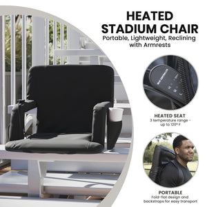English Elm Malta Portable Heated Reclining Stadium Chair with Armrests, USB Power & Convenient Storage Pockets Black FV-FA090H-BK-GG