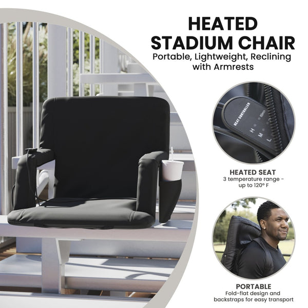 English Elm Malta Portable Heated Reclining Stadium Chair with Armrests, USB Power & Convenient Storage Pockets Black FV-FA090H-BK-GG