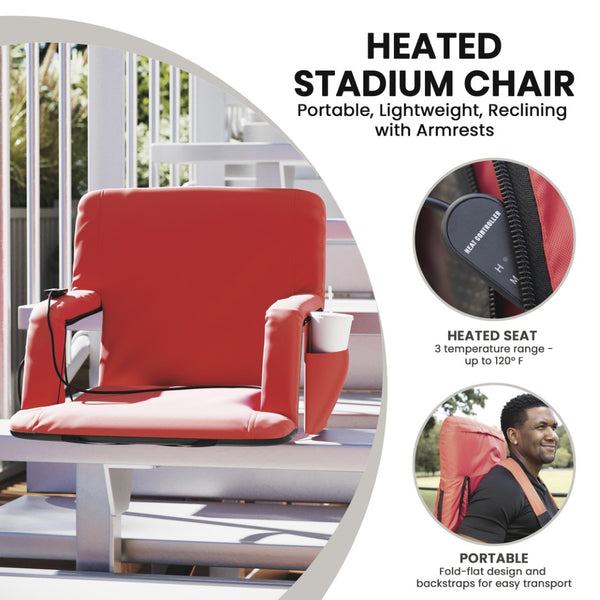English Elm Malta Portable Heated Reclining Stadium Chair with Armrests, USB Power & Convenient Storage Pockets Red FV-FA090H-RD-GG