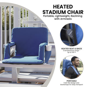 English Elm Malta Portable Heated Reclining Stadium Chair - Comfort with Adjustable Heat, Storage & Backpack Straps Blue FV-FA090HH-BL-GG