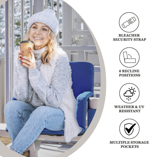 English Elm Malta Portable Heated Reclining Stadium Chair - Comfort with Adjustable Heat, Storage & Backpack Straps Blue FV-FA090HH-BL-GG