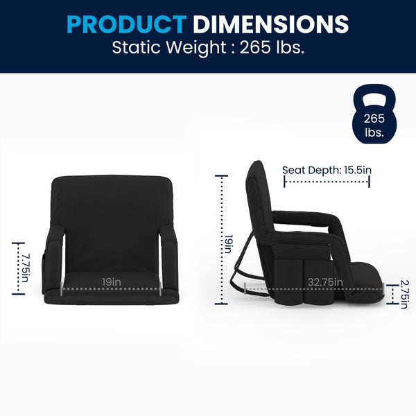 English Elm Malta Extra Wide Lightweight Reclining Stadium Chair with Backrest, Armrests & Dual Storage Options Black FV-FA090L-BK-GG