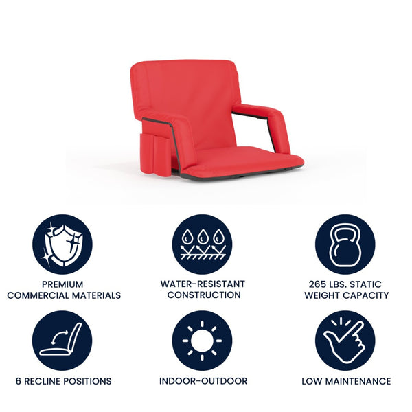 English Elm Malta Extra Wide Lightweight Reclining Stadium Chair with Backrest, Armrests & Dual Storage Options Red FV-FA090L-RD-GG