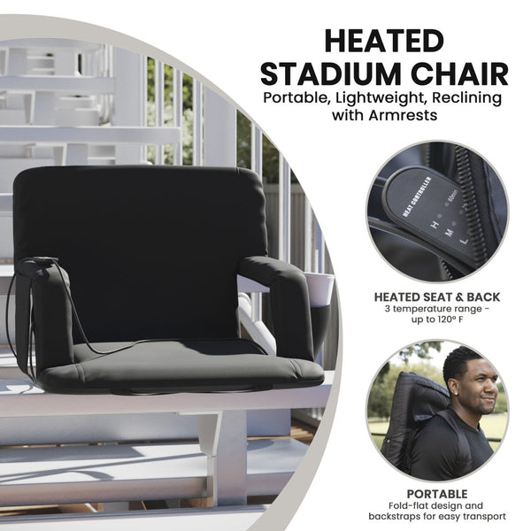 English Elm Malta Extra Wide Heated Reclining Stadium Chair with Armrests, Dual Pockets & Backpack Straps FV-FA090LH-BK-GG