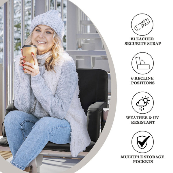 English Elm Malta Extra Wide Heated Reclining Stadium Chair with Armrests, Dual Pockets & Backpack Straps FV-FA090LH-BK-GG