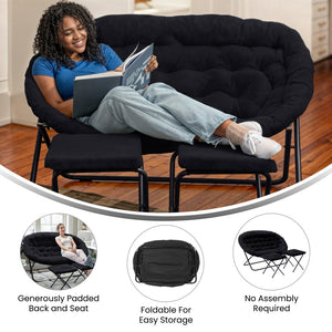 English Elm Eleanor 56" Portable Double Saucer Chair Set with 2 Ottomans - Cozy Faux Fur & Sturdy Steel Frame Black Fabric/Black Frame FV-FDS-001-2FR-BK-BK-GG