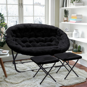 English Elm Eleanor 56" Portable Double Saucer Chair Set with 2 Ottomans - Cozy Faux Fur & Sturdy Steel Frame Black Fabric/Black Frame FV-FDS-001-2FR-BK-BK-GG