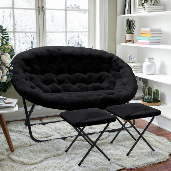 English Elm Eleanor 56" Portable Double Saucer Chair Set with 2 Ottomans - Cozy Faux Fur & Sturdy Steel Frame Black Fabric/Black Frame FV-FDS-001-2FR-BK-BK-GG