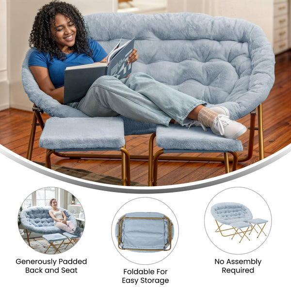 English Elm Eleanor 56" Portable Double Saucer Chair Set with 2 Ottomans - Cozy Faux Fur & Sturdy Steel Frame Aqua Fabric/Soft Gold Frame FV-FDS-001-2FR-DTAQ-SGD-GG