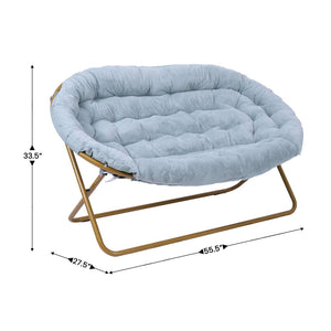 English Elm Eleanor 56" Portable Double Saucer Chair Set with 2 Ottomans - Cozy Faux Fur & Sturdy Steel Frame Aqua Fabric/Soft Gold Frame FV-FDS-001-2FR-DTAQ-SGD-GG