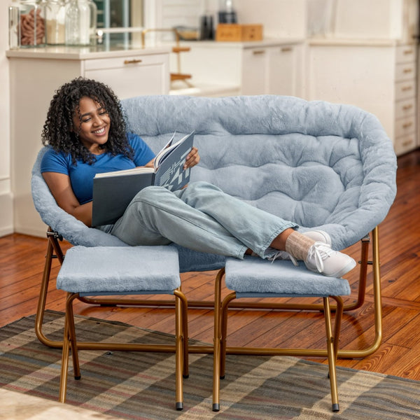 English Elm Eleanor 56" Portable Double Saucer Chair Set with 2 Ottomans - Cozy Faux Fur & Sturdy Steel Frame Aqua Fabric/Soft Gold Frame FV-FDS-001-2FR-DTAQ-SGD-GG