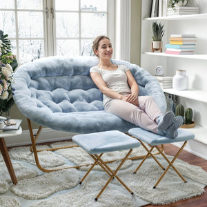 English Elm Eleanor 56" Portable Double Saucer Chair Set with 2 Ottomans - Cozy Faux Fur & Sturdy Steel Frame Aqua Fabric/Soft Gold Frame FV-FDS-001-2FR-DTAQ-SGD-GG