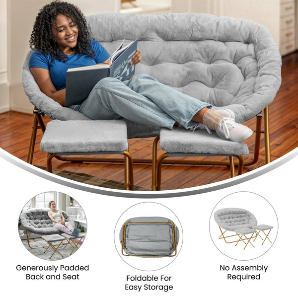 English Elm Eleanor 56" Portable Double Saucer Chair Set with 2 Ottomans - Cozy Faux Fur & Sturdy Steel Frame Gray Fabric/Soft Gold Frame FV-FDS-001-2FR-GY-SGD-GG