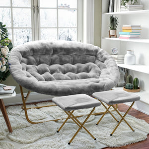 English Elm Eleanor 56" Portable Double Saucer Chair Set with 2 Ottomans - Cozy Faux Fur & Sturdy Steel Frame Gray Fabric/Soft Gold Frame FV-FDS-001-2FR-GY-SGD-GG