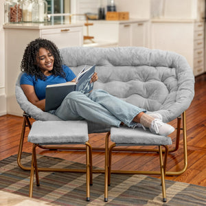 English Elm Eleanor 56" Portable Double Saucer Chair Set with 2 Ottomans - Cozy Faux Fur & Sturdy Steel Frame Gray Fabric/Soft Gold Frame FV-FDS-001-2FR-GY-SGD-GG