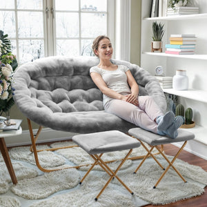 English Elm Eleanor 56" Portable Double Saucer Chair Set with 2 Ottomans - Cozy Faux Fur & Sturdy Steel Frame Gray Fabric/Soft Gold Frame FV-FDS-001-2FR-GY-SGD-GG