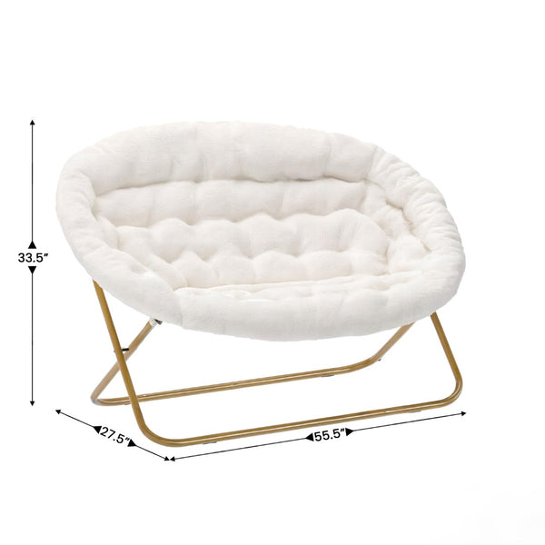 English Elm Eleanor 56" Portable Double Saucer Chair Set with 2 Ottomans - Cozy Faux Fur & Sturdy Steel Frame Ivory Faux Shearling Fabric/Soft Gold Frame FV-FDS-001-2FR-IV-SGD-GG