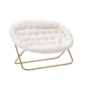 English Elm Eleanor 56" Portable Double Saucer Chair Set with 2 Ottomans - Cozy Faux Fur & Sturdy Steel Frame Ivory Faux Shearling Fabric/Soft Gold Frame FV-FDS-001-2FR-IV-SGD-GG