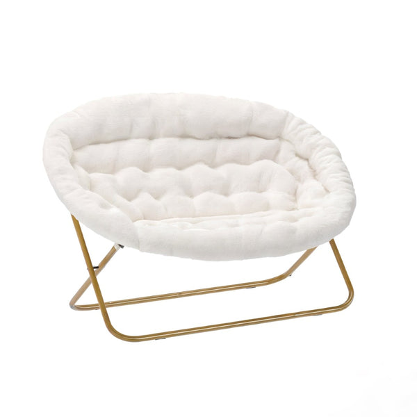 English Elm Eleanor 56" Portable Double Saucer Chair Set with 2 Ottomans - Cozy Faux Fur & Sturdy Steel Frame Ivory Faux Shearling Fabric/Soft Gold Frame FV-FDS-001-2FR-IV-SGD-GG