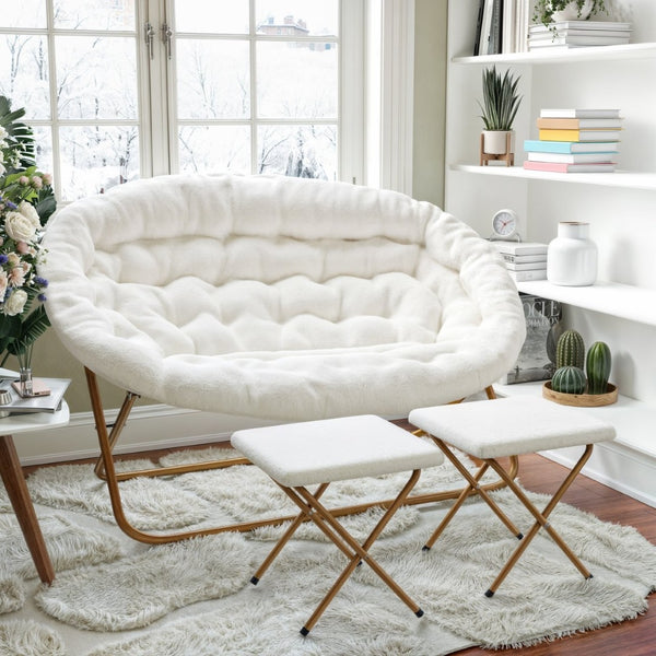 English Elm Eleanor 56" Portable Double Saucer Chair Set with 2 Ottomans - Cozy Faux Fur & Sturdy Steel Frame Ivory Faux Shearling Fabric/Soft Gold Frame FV-FDS-001-2FR-IV-SGD-GG