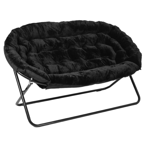 English Elm Eleanor 56" Oversized Portable Folding Double Saucer Chair in Plush Faux Fur for Ultimate Comfort Black Fabric/Black Frame FV-FDS-001-BK-BK-GG