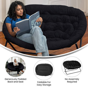 English Elm Eleanor 56" Oversized Portable Folding Double Saucer Chair in Plush Faux Fur for Ultimate Comfort Black Fabric/Black Frame FV-FDS-001-BK-BK-GG