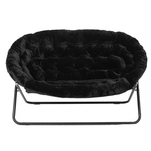 English Elm Eleanor 56" Oversized Portable Folding Double Saucer Chair in Plush Faux Fur for Ultimate Comfort Black Fabric/Black Frame FV-FDS-001-BK-BK-GG