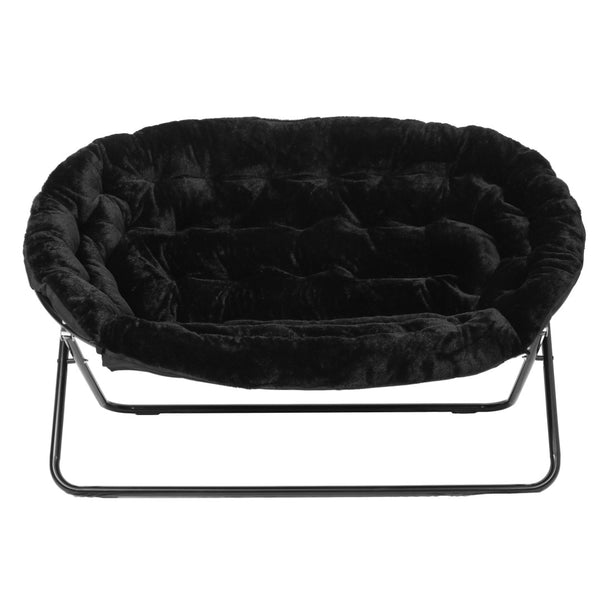English Elm Eleanor 56" Oversized Portable Folding Double Saucer Chair in Plush Faux Fur for Ultimate Comfort Black Fabric/Black Frame FV-FDS-001-BK-BK-GG