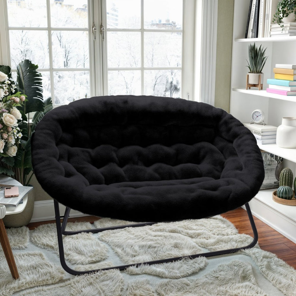 English Elm Eleanor 56" Oversized Portable Folding Double Saucer Chair in Plush Faux Fur for Ultimate Comfort Black Fabric/Black Frame FV-FDS-001-BK-BK-GG