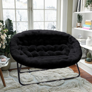 English Elm Eleanor 56" Oversized Portable Folding Double Saucer Chair in Plush Faux Fur for Ultimate Comfort Black Fabric/Black Frame FV-FDS-001-BK-BK-GG