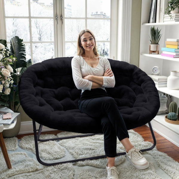 English Elm Eleanor 56" Oversized Portable Folding Double Saucer Chair in Plush Faux Fur for Ultimate Comfort Black Fabric/Black Frame FV-FDS-001-BK-BK-GG