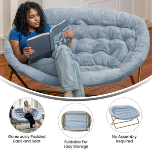 English Elm Eleanor 56" Oversized Portable Folding Double Saucer Chair in Plush Faux Fur for Ultimate Comfort Aqua Fabric/Soft Gold Frame FV-FDS-001-DTAQ-SGD-GG