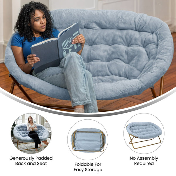 English Elm Eleanor 56" Oversized Portable Folding Double Saucer Chair in Plush Faux Fur for Ultimate Comfort Aqua Fabric/Soft Gold Frame FV-FDS-001-DTAQ-SGD-GG