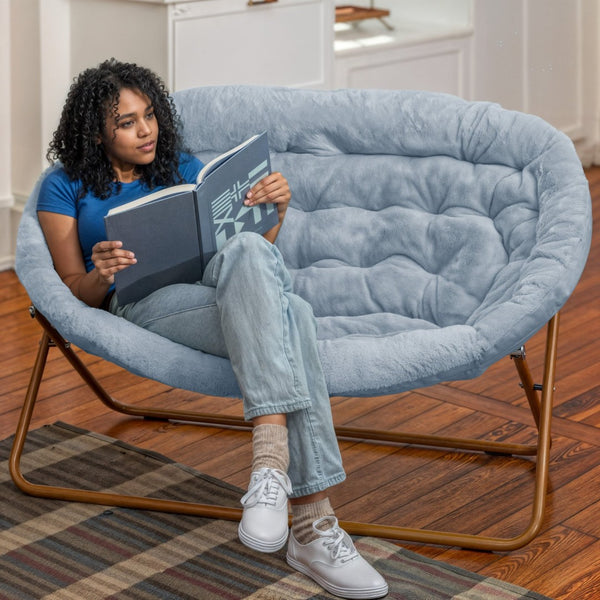 English Elm Eleanor 56" Oversized Portable Folding Double Saucer Chair in Plush Faux Fur for Ultimate Comfort Aqua Fabric/Soft Gold Frame FV-FDS-001-DTAQ-SGD-GG
