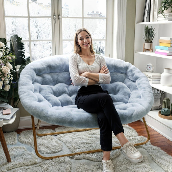 English Elm Eleanor 56" Oversized Portable Folding Double Saucer Chair in Plush Faux Fur for Ultimate Comfort Aqua Fabric/Soft Gold Frame FV-FDS-001-DTAQ-SGD-GG