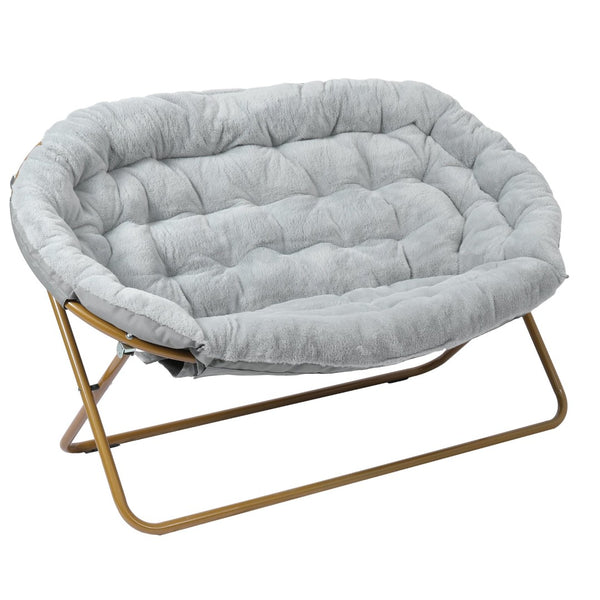 English Elm Eleanor 56" Oversized Portable Folding Double Saucer Chair in Plush Faux Fur for Ultimate Comfort Gray Fabric/Soft Gold Frame FV-FDS-001-GY-SGD-GG