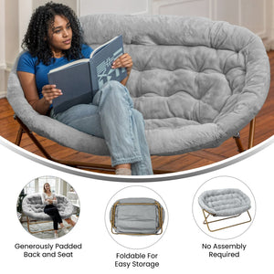 English Elm Eleanor 56" Oversized Portable Folding Double Saucer Chair in Plush Faux Fur for Ultimate Comfort Gray Fabric/Soft Gold Frame FV-FDS-001-GY-SGD-GG