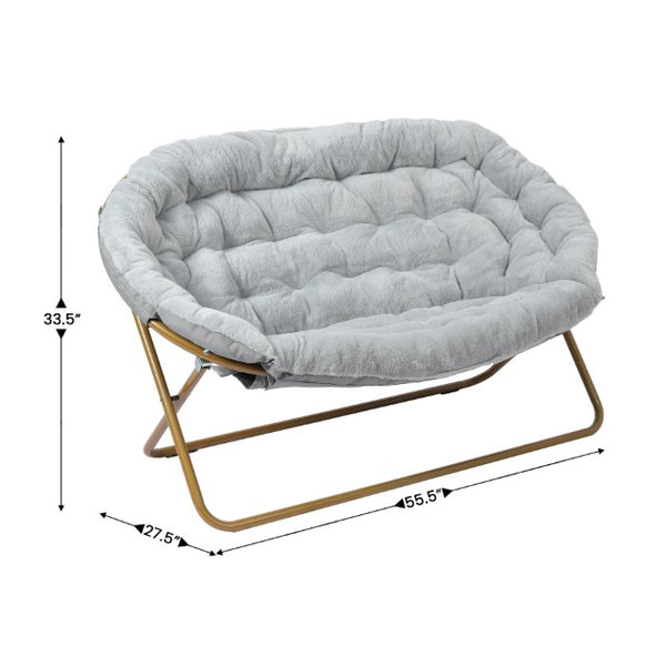 English Elm Eleanor 56" Oversized Portable Folding Double Saucer Chair in Plush Faux Fur for Ultimate Comfort Gray Fabric/Soft Gold Frame FV-FDS-001-GY-SGD-GG